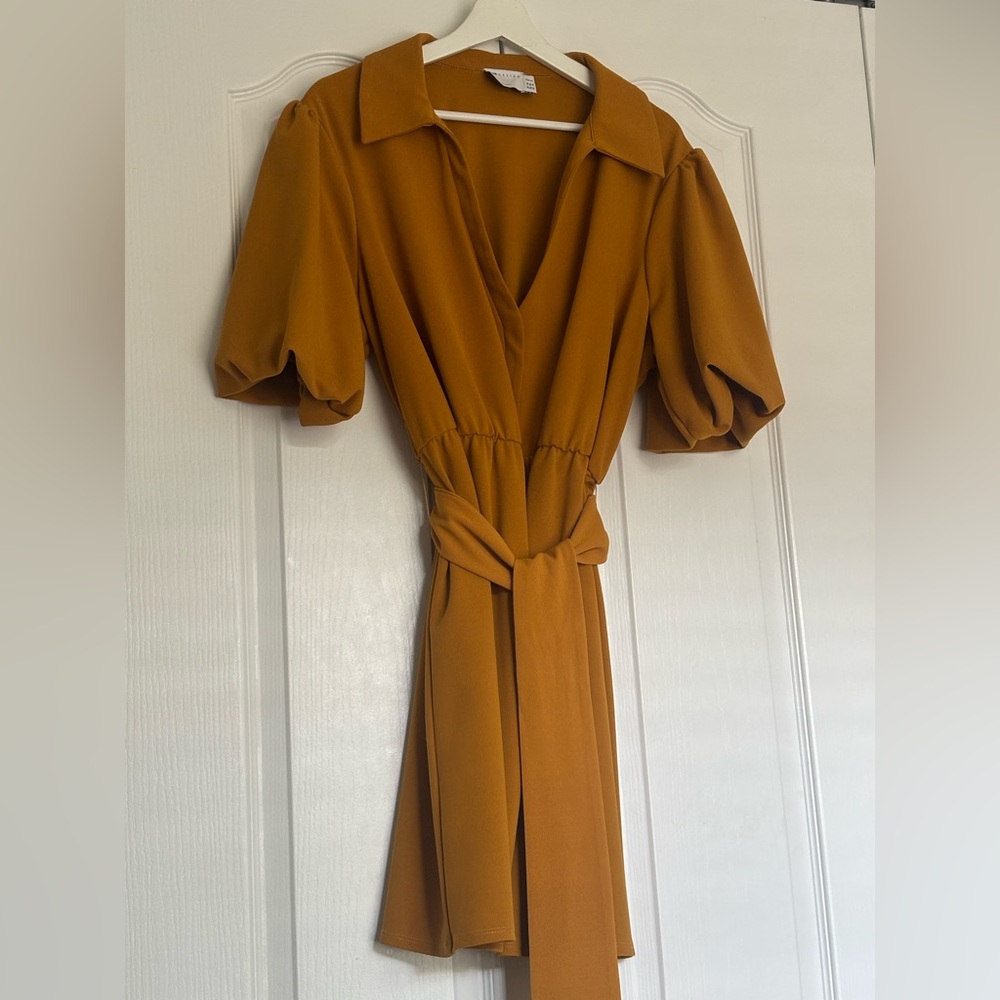 ASOS Light brown/Rust/Orange, Collared, Puff Sleeve, Tie Waist Wrap Midi Dress